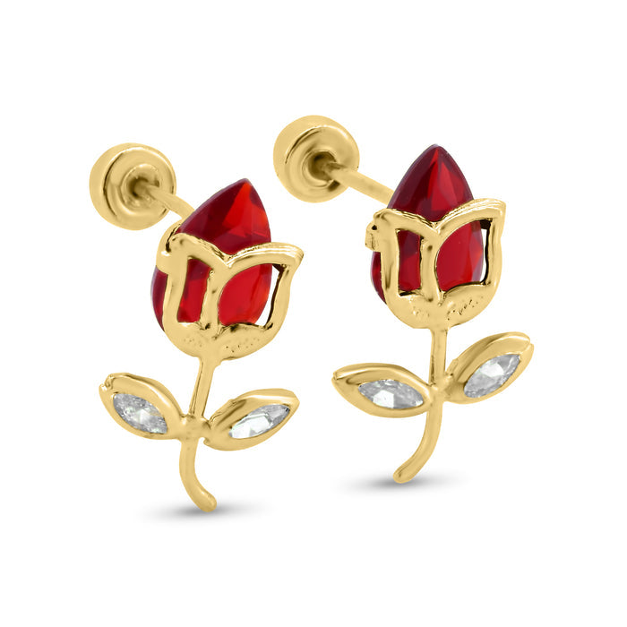 14 Karat Yellow Gold Flower Red CZ Screw Back Earrings - 14E00393