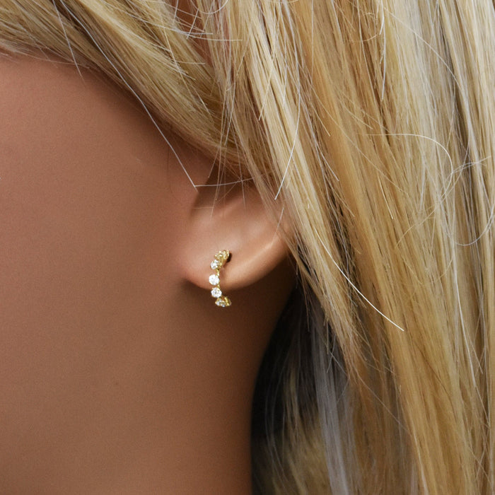 14 Karat Yellow Gold Semi Hoop Clear CZ Screw Back Earrings - 14E00399