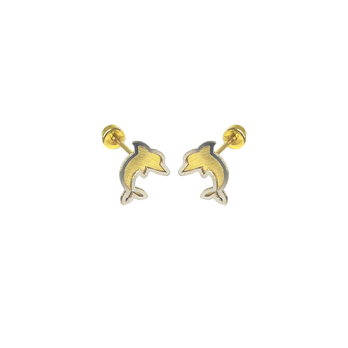 14 Karat 2 Toned Dolphin Screw Back Earrings - 14E00408