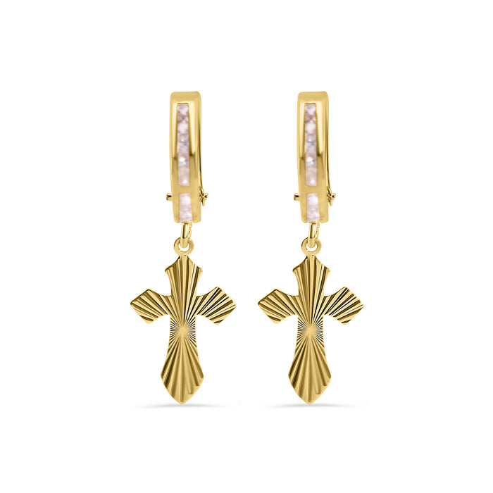 14 Karat Yellow Gold 12.8mm Hoop Half Studded Clear CZ Diamond Cut Cross Latch Box Earrings - 14E00453