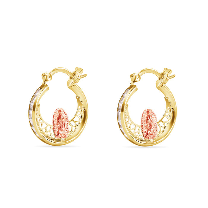 14 Karat Yellow Gold 17.8mm Two Tone Hoop Studded Clear CZ Our Lady of Guadalupe Latch Box Earrings - 14E00456