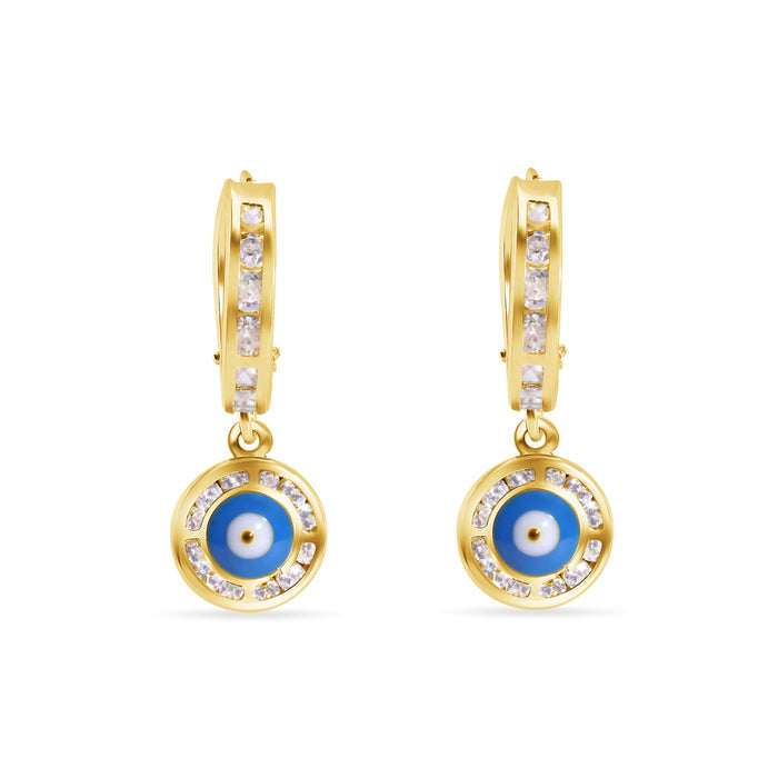 14 Karat Yellow Gold 12.6mm Hoop Studded Clear CZ Evil Eye Latch Box Earrings - 14E00458