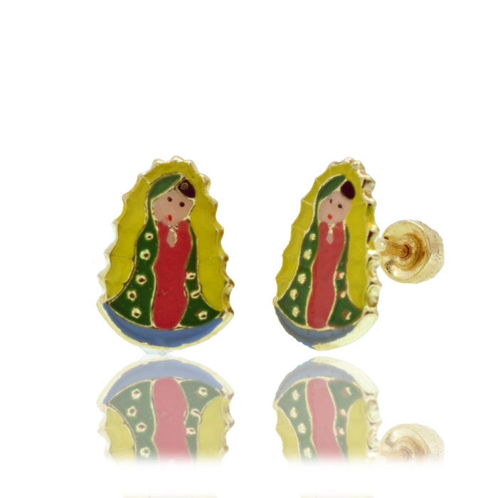 14 Karat Yellow Gold 6.8mm x 9.5mm Omega Enamel Our Lady of Guadalupe Back Earring - 14E00472