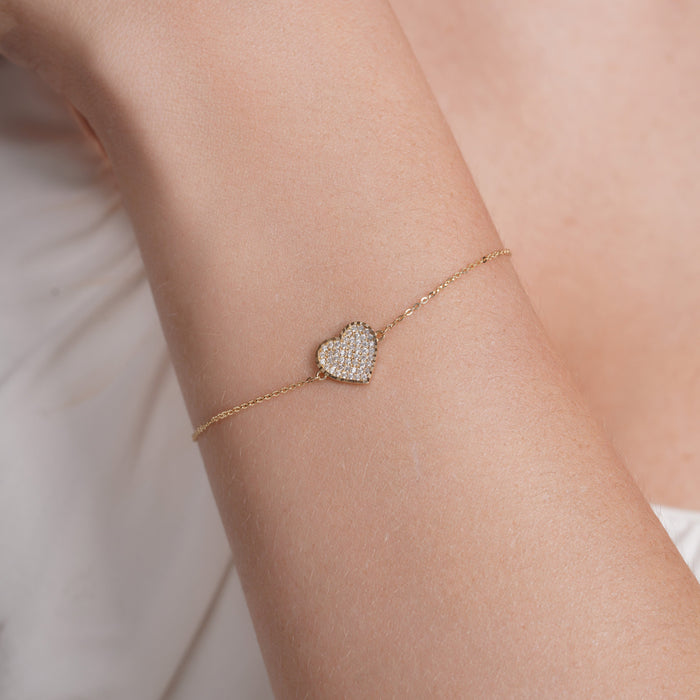 14 Karat Yellow Gold Diamond Cut Heart Studded CZ Charm Adjustable Bracelet - 14KB0011