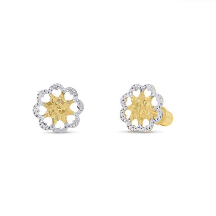 14 Karat Yellow and White Gold Diamond Cut Flower Earrings - 14KE0002