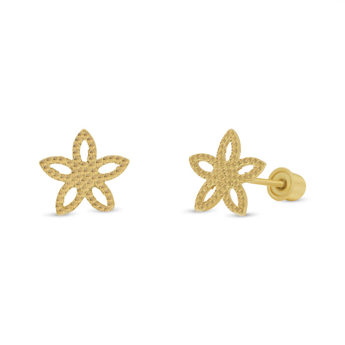 14 Karat Yellow Gold Diamond Cut Star Flower Earrings - 14KE0003