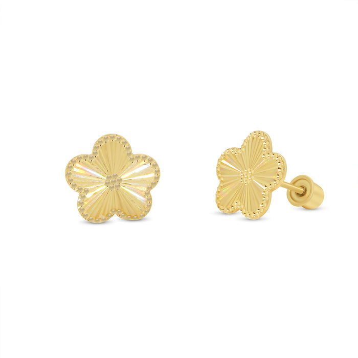 14 Karat Yellow Gold Diamond Cut Iridescent Flower Earrings - 14KE0004