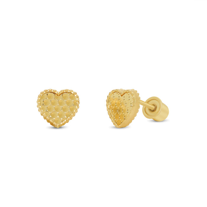 14 Karat Yellow Gold Beaded and Honeycomb Heart Earrings - 14KE0005