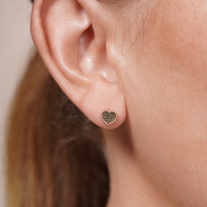 14 Karat Yellow Gold Beaded and Honeycomb Heart Earrings - 14KE0005