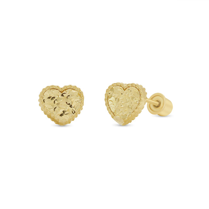 14 Karat Yellow Gold Diamond Cut Heart Earrings - 14KE0006