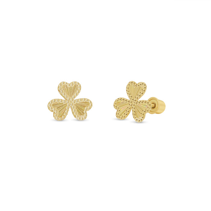 14 Karat Yellow Gold Beaded and Iridescent Diamond Cut Clover Earrings - 14KE0009