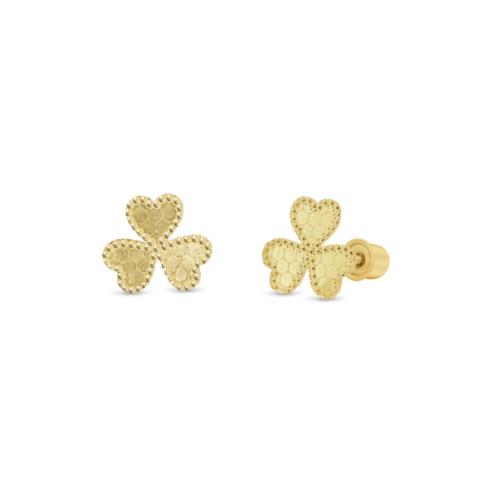 14 Karat Yellow Gold Beaded and Honeycomb Clover Earrings - 14KE0010
