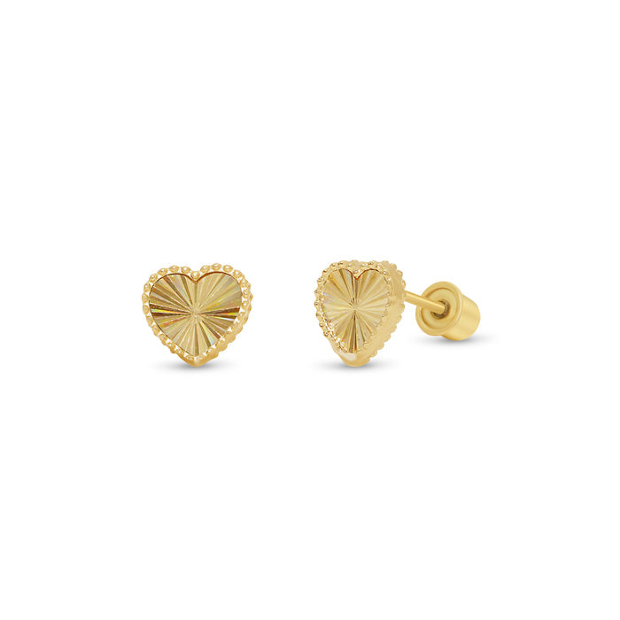 14 Karat Yellow Gold Beaded and Iridescent Diamond Cut Heart Earrings - 14KE0011