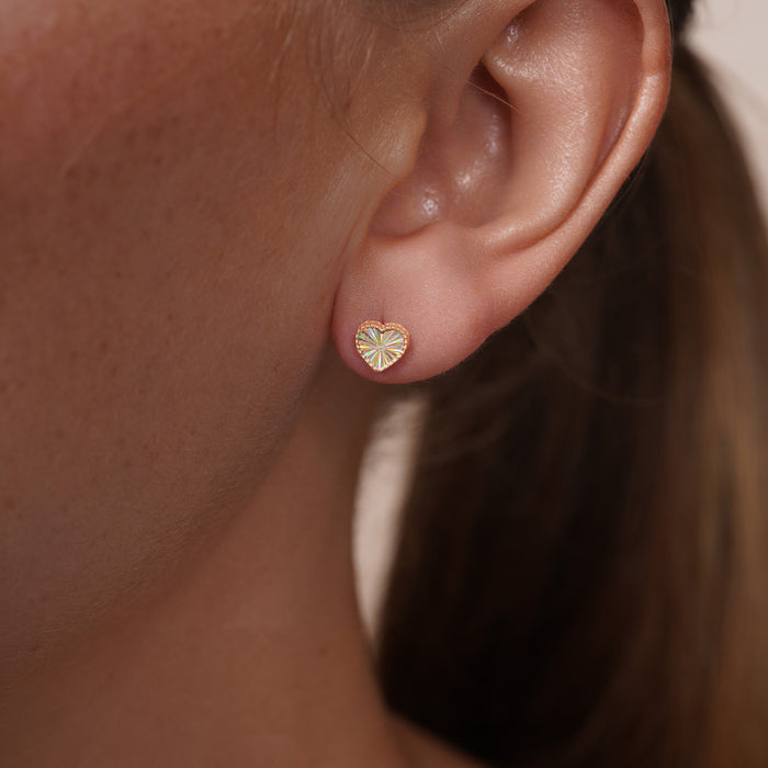 14 Karat Yellow Gold Beaded and Iridescent Diamond Cut Heart Earrings - 14KE0011