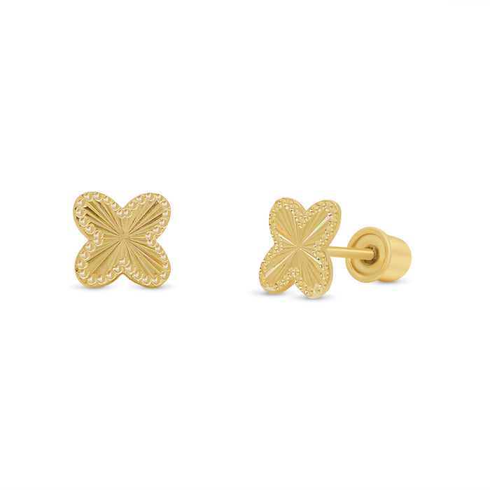 14 Karat Yellow Gold Beaded and Iridescent Diamond Cut Clover Earrings - 14KE0012