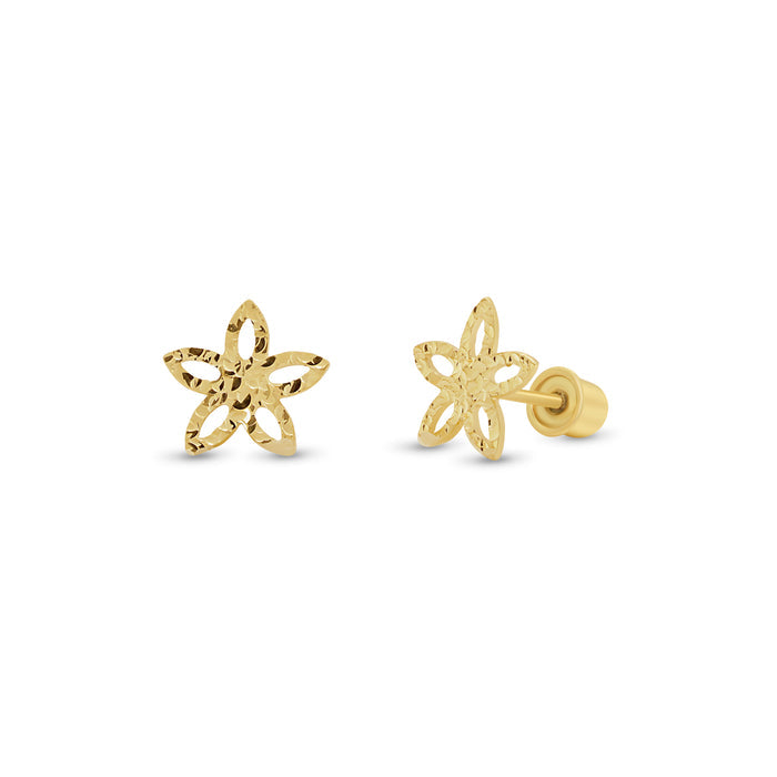 14 Karat Yellow Gold Diamond Cut Star Flower Earrings - 14KE0013
