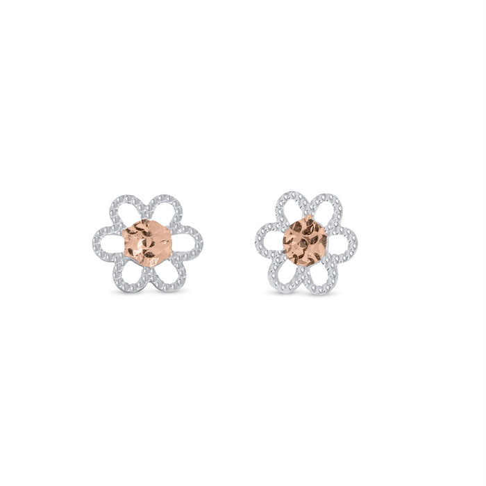 14 Karat White and Rose Beaded and Gold Diamond Cut Flower Earrings - 14KE0014