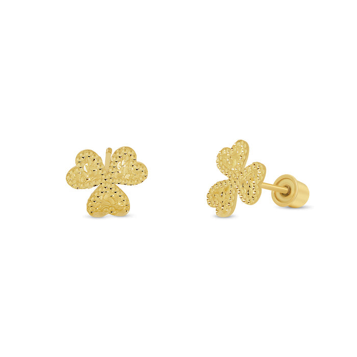 14 Karat Yellow Gold Beaded and Confetti Diamond Cut Clover Earrings - 14KE0016