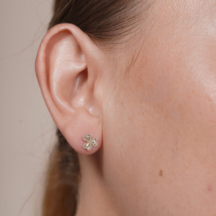 14 Karat Yellow Gold Beaded and Confetti Diamond Cut Clover Earrings - 14KE0016
