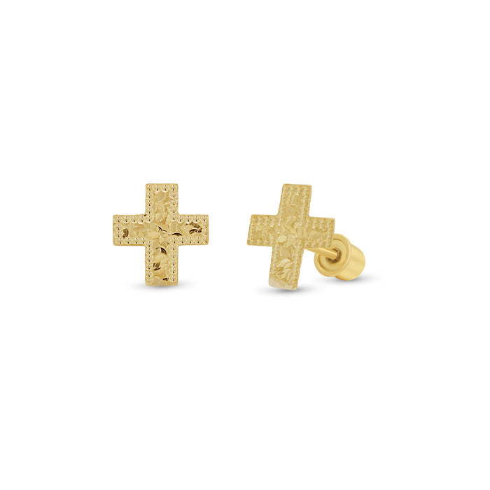14 Karat Yellow Gold Beaded and Diamond Cut Confetti Cross Earrings - 14KE0022