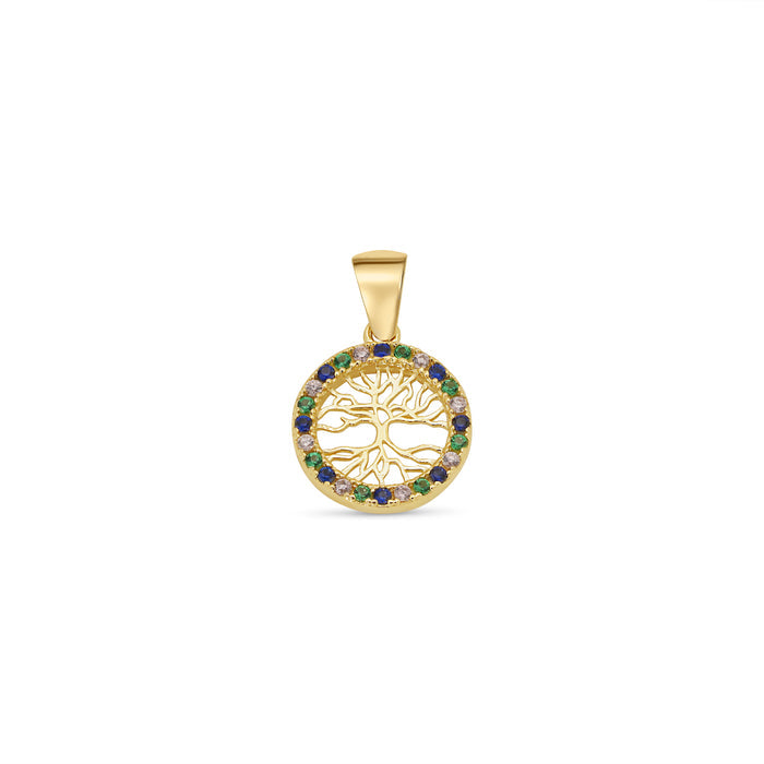 14 Karat Yellow Gold 11.5mm Reversible Tree of Life Clear or Clear Blue and Green CZ Studded Pendant - 14KP0004
