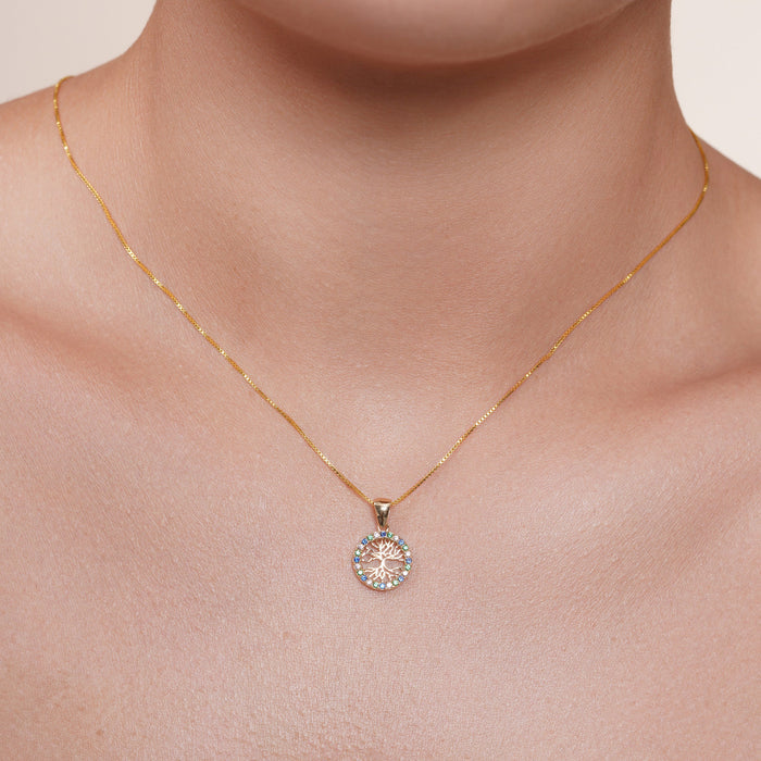 14 Karat Yellow Gold 11.5mm Reversible Tree of Life Clear or Clear Blue and Green CZ Studded Pendant - 14KP0004