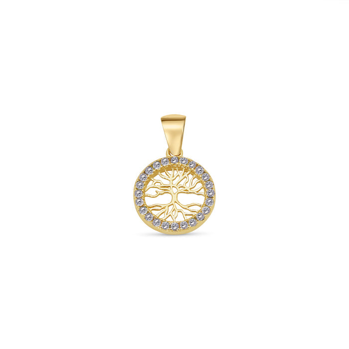 14 Karat Yellow Gold 11.5mm Reversible Tree of Life Clear or Clear Blue and Green CZ Studded Pendant - 14KP0004