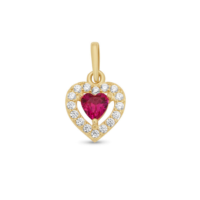 14 Karat Yellow Gold 8.5mm Heart Red Middle CZ and Clear CZ Pendant - 14KP0005
