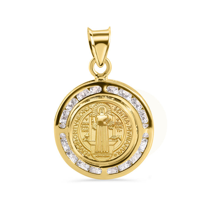 14 Karat Yellow Gold Round Saint Benedict Medal Prayer Clear CZ 16.6mm Pendant - 14P00131