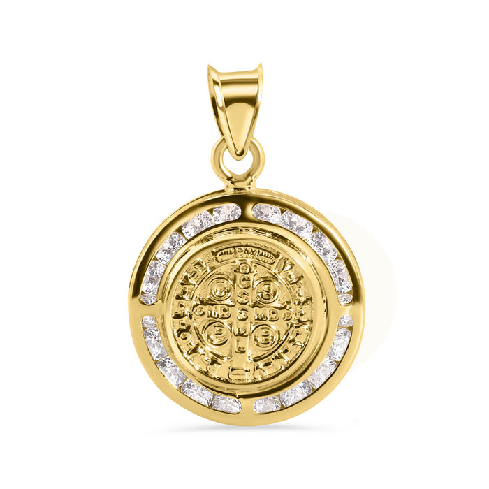 14 Karat Yellow Gold Round Saint Benedict Medal Prayer Clear CZ 16.6mm Pendant - 14P00131