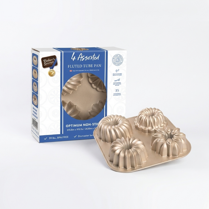4 Assorted Fluted Tube Pan Bakers Secret Optimum Non-Stick Performance 24cm x 24cm x 4.5cm