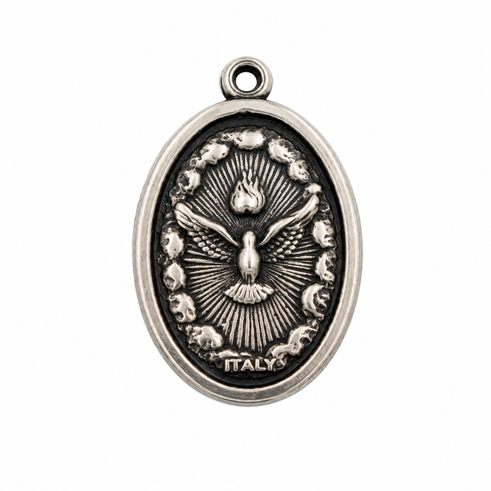 925 Silver Oxidized Oval Double Sided Holy Spirit Pray For Us Charm- CHARM00174