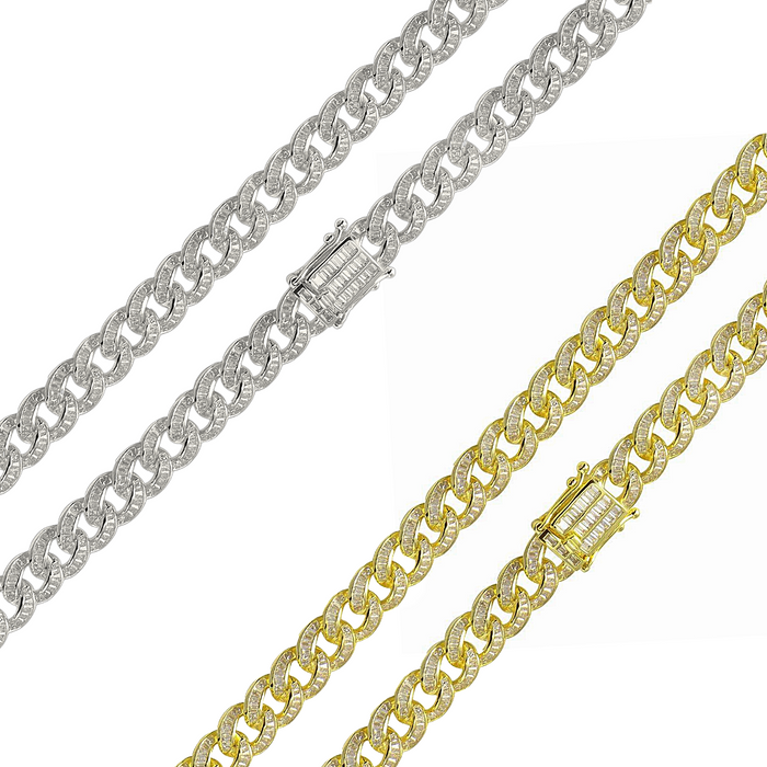 925 Sterling Silver Baguette CZ Encrusted Curb Chain or Bracelet
