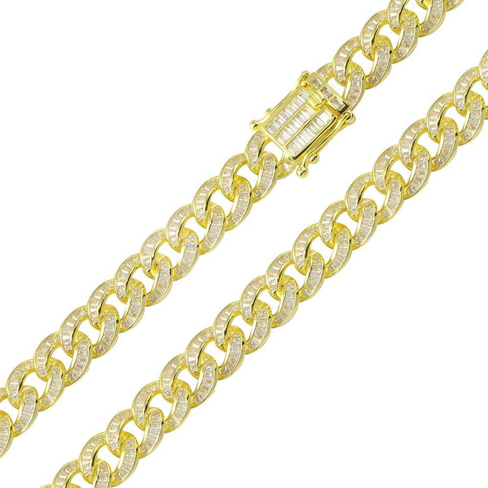 Silver 925 Gold Plated Baguette CZ Encrusted Curb Chains 10.9mm - CHCZ116 GP | Silver Palace Inc. #plating_gold
