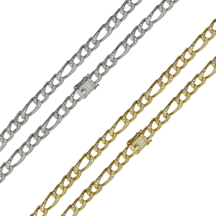 925 Sterling Silver CZ Encrusted Figaro Chain or Bracelet
