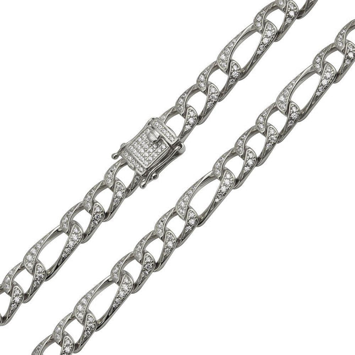 Silver 925 Rhodium Plated CZ Encrusted Figaro Chains 8.2mm - CHCZ112 RH | Silver Palace Inc. #plating_rhodium