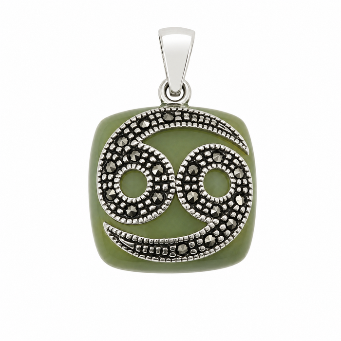 925 Sterling Silver Green Enamel & Marcasite Cancer Zodiac Symbol Pendant- CHARM00209