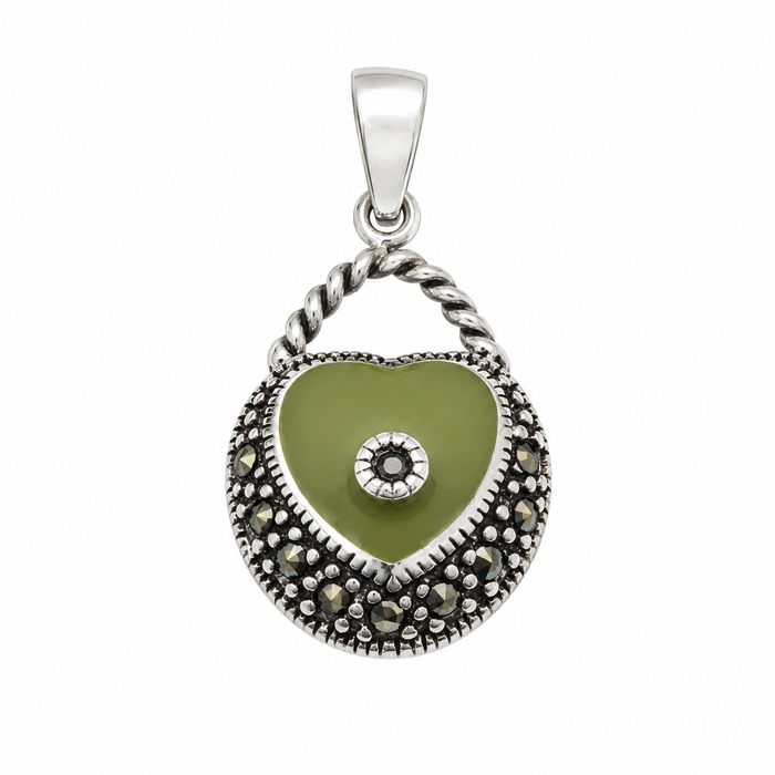 925 Sterling Silver Green Enamel & Marcasite Heart Detail Purse Pendant- CHARM00214