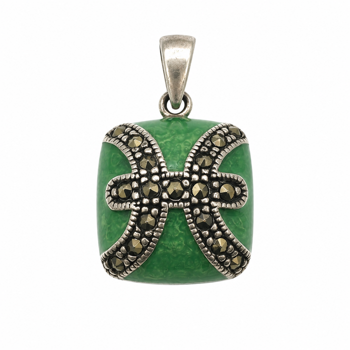 925 Sterling Silver Green Enamel & Marcasite Pieces Zodiac Symbol Pendant- CHARM00210