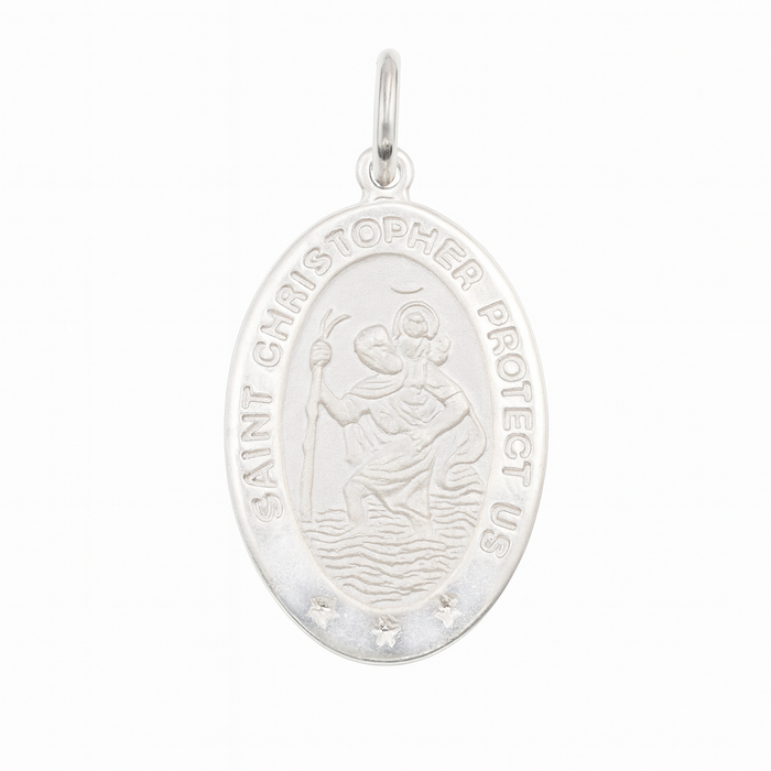 925 Sterling Silver High Polished Sandblasted Saint Christopher CZ Pendant - SPP00067