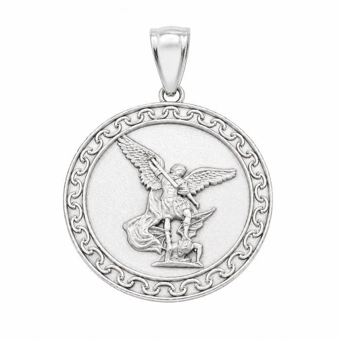 925 Sterling Silver Matte Saint Michael Round Medallion Ornate Border Pendant - GMP00221