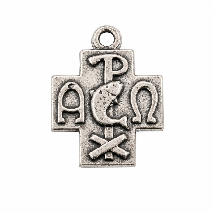 925 Sterling Silver Oxidized Alpha Omega Ichthys Christian Cross Charm- CHARM00182