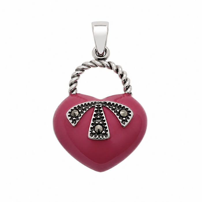 925 Sterling Silver Red Enamel & Marcasite Heart Purse Pendant- CHARM00212