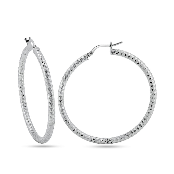 Silver 925 Rhodium Plated Silver 3mm Diamond Cut Textured Hoop Earrings - ARE00037RH | Silver Palace Inc. #plating_rhodium