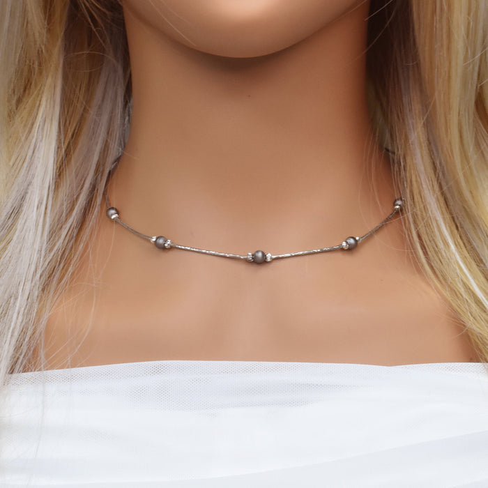 Black and Rhodium Plated 925 Sterling Silver Italian Beaded Necklace - ITN00001