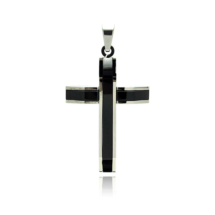 Black & Rhodium Plated Stainless Steel Bulky Cross Pendant - SSP00198