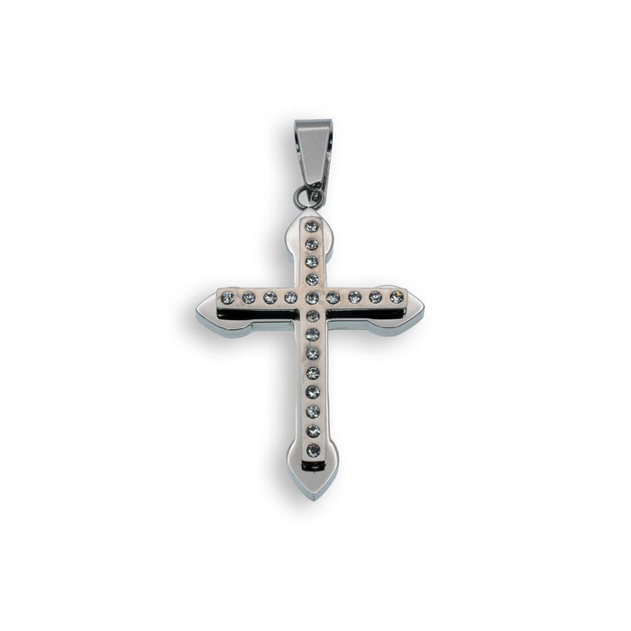 Black & Rhodium Plated Stainless Steel CZ Double Layered Cross Pendant - SSP00126