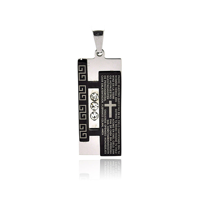 Black & Rhodium Plated Stainless Steel CZ Greek Key Spanish Our Father prayer Dog Tag Pendant- SSP00209