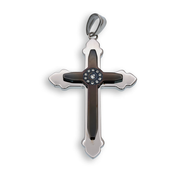 Black & Rhodium Plated Stainless Steel Double Layered CZ Cross Pendant - SSP00143