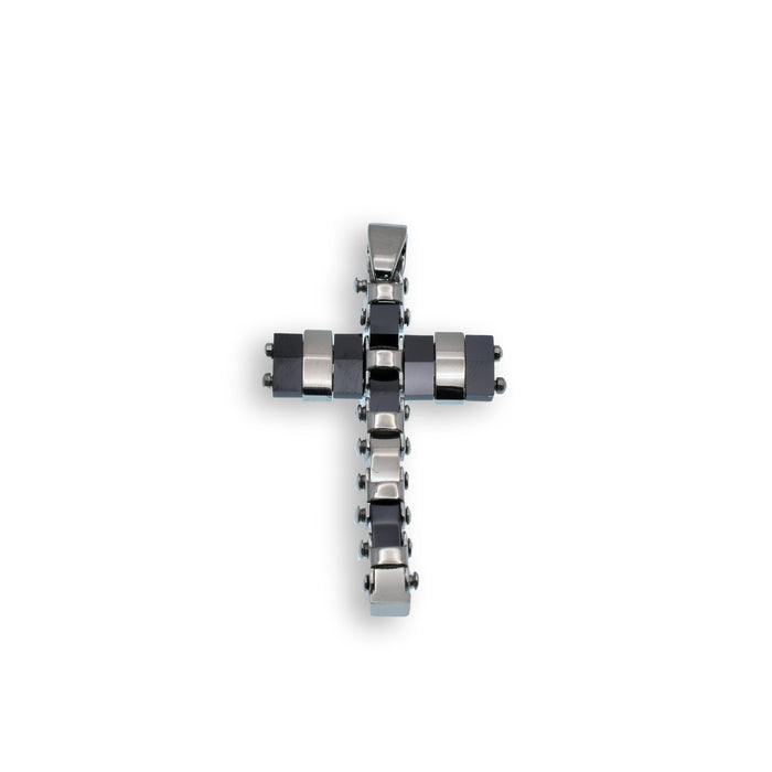 Black & Rhodium Plated Stainless Steel Flexible Cross Pendant - SSP00485